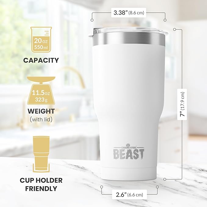 BEAST Insulated Coffee Mug – 900 ml I Arctic White I Stainless Steel I Reusable, Insulated Cups I 2 Straws and Cleaning Brush, Double Walled Travel Coffee Thermos I Hot or Iced Coffee