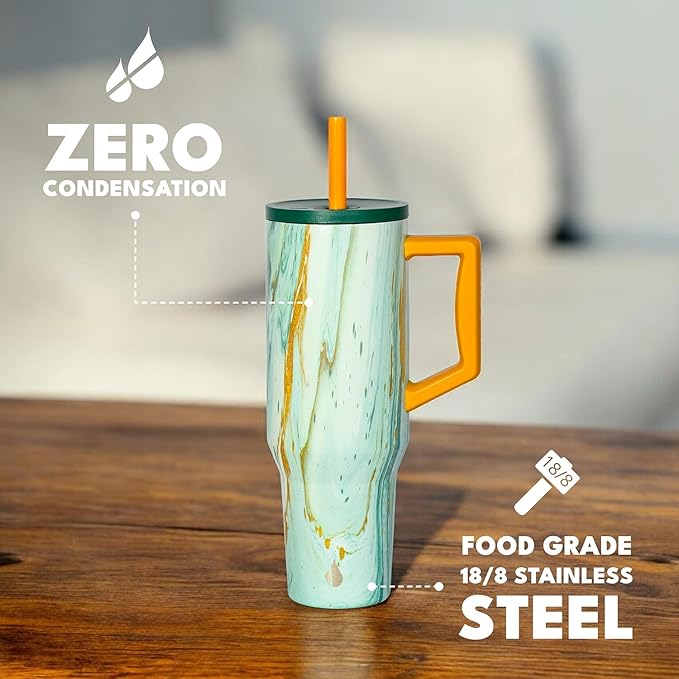 Elemental 40 oz Tumbler with Handle and Straw - Spill Proof Insulated Stainless Steel Commuter for Hot and Cold Beverages - Travel Coffee Mug with 2 Straws & Spill Proof Lid - 40oz - Aurora Glow