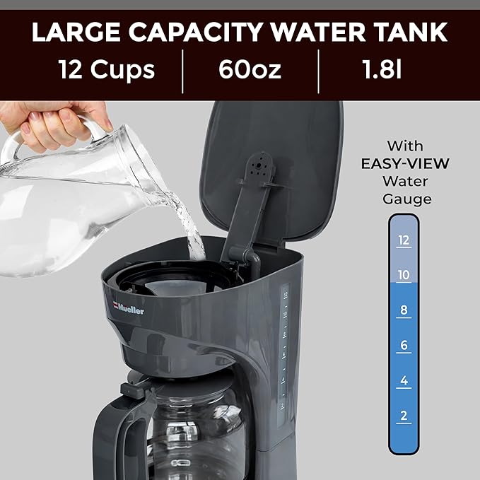 MUELLER HOME 12-Cup Drip Coffee Maker Perfect for Home or Office, Borosilicate Carafe, Auto-Off, Reusable Filter, Anti-Drip, Keep-Warm Function, Clear Water Level Window, Gray