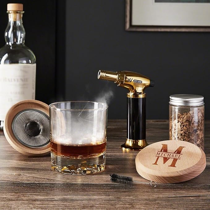 Black Diamond Custom Bourbon Smoker with Bourbon Trail Glasses - 7 pc Carraway Halo Oakmont Engraved Cocktail Smoker Topper Kit 5pc (Personalized Product) (Smoker + Glass)