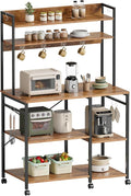 Kitchen Bakers Rack with Storage，Microwave Stand with Wheels，with Adjustable Shelves，Kitchen Shelves，Coffee Bar with 10 S-Shaped Hooks，35.4 * 15.8 * 61 Inches，Rustic Brown
