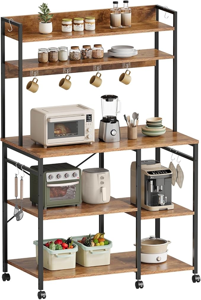 Kitchen Bakers Rack with Storage，Microwave Stand with Wheels，with Adjustable Shelves，Kitchen Shelves，Coffee Bar with 10 S-Shaped Hooks，35.4 * 15.8 * 61 Inches，Rustic Brown