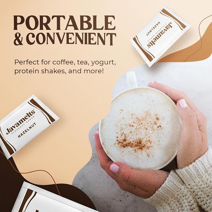 Javamelts Hazelnut Flavored Sugar Packets | Pure Cane Sugar for Baking, Coffee Syrup Substitute, Cocktails, Tea | Non GMO, Non Dairy, Gluten Free, Kosher | 200 Bulk Sugar Packets