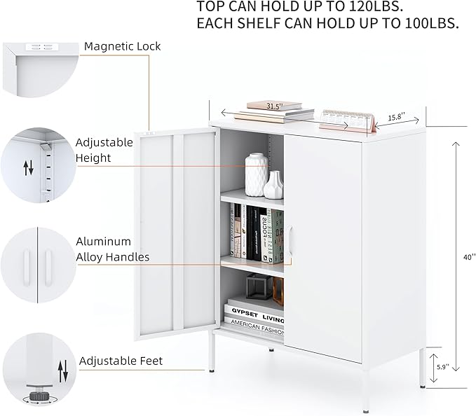 White Metal Storage Cabinet,Metal Locker Storage Cabinet with 2 Doors and Shelves,Kitchen Pantry Cabinet,Modern Storage Freestanding Organizer Rust for Home,Kitchen,Office