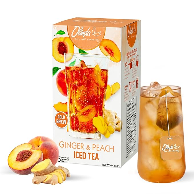 Olinda Herbal Ginger Peach Green Tea Organic Cold Brew & Hot Brew Bags Refreshing Fruity Drink
