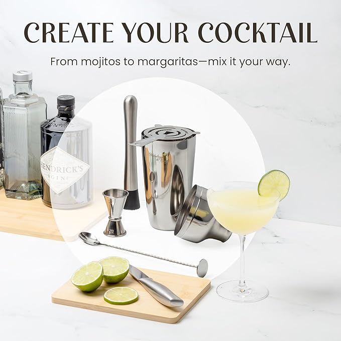 Mixology Bartender Kit: 10-Piece Bar Tool Set with Bamboo Stand | Perfect Home Bartending Kit and Martini Cocktail Shaker Set for a Perfect Drink Mixing Experience | Fun Housewarming Gift (Silver)