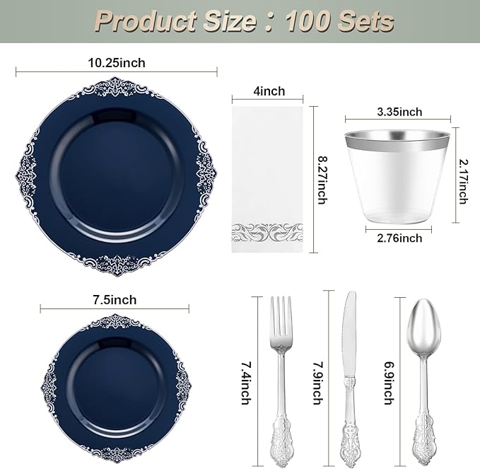 700PCS Navy Blue Plastic Plates for 100 Guests, Disposable Plates with Gold Trim include 100 Dinner plates, 100 Dessert Plates, 100 Gold Silverware, Cups and Napkins for Party, Graduation