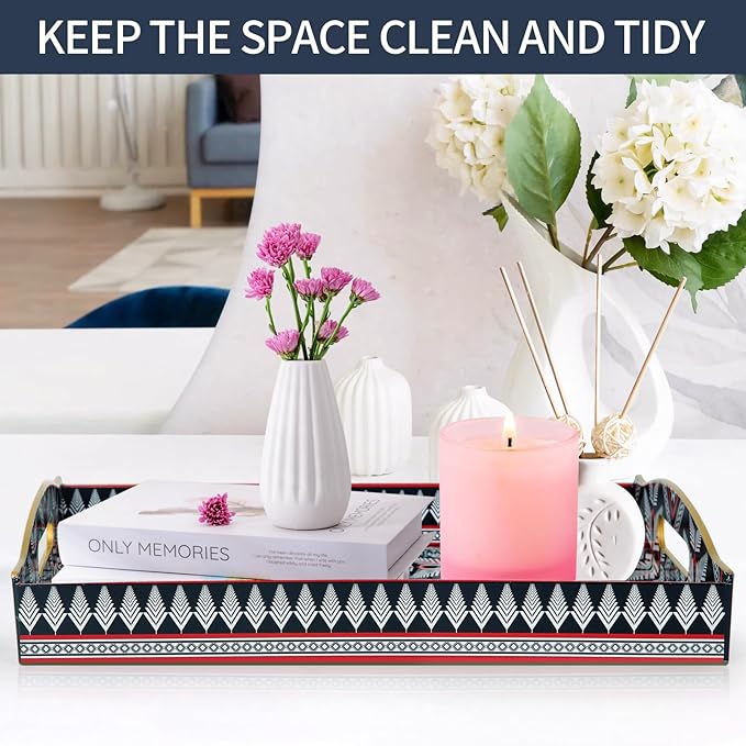Boho Sturdy Acrylic Rectangular Serving Tray with Handles, 30x40, Beige, Plastic, Solid, Art Decorative Tray for Coffee Table, Food, Breakfast, Bathroom, Ottoman