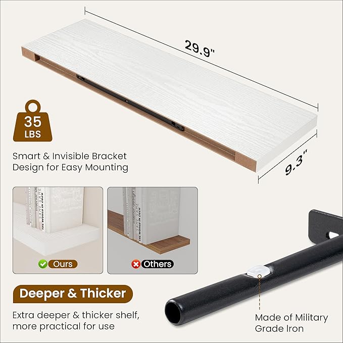 Fun Memories 30 Inch Floating Shelves for Wall, 9 Inch Deep White Rustic Wood Wall Mounted Shelves for Bathroom, Bedroom, Living Room, Set of 2