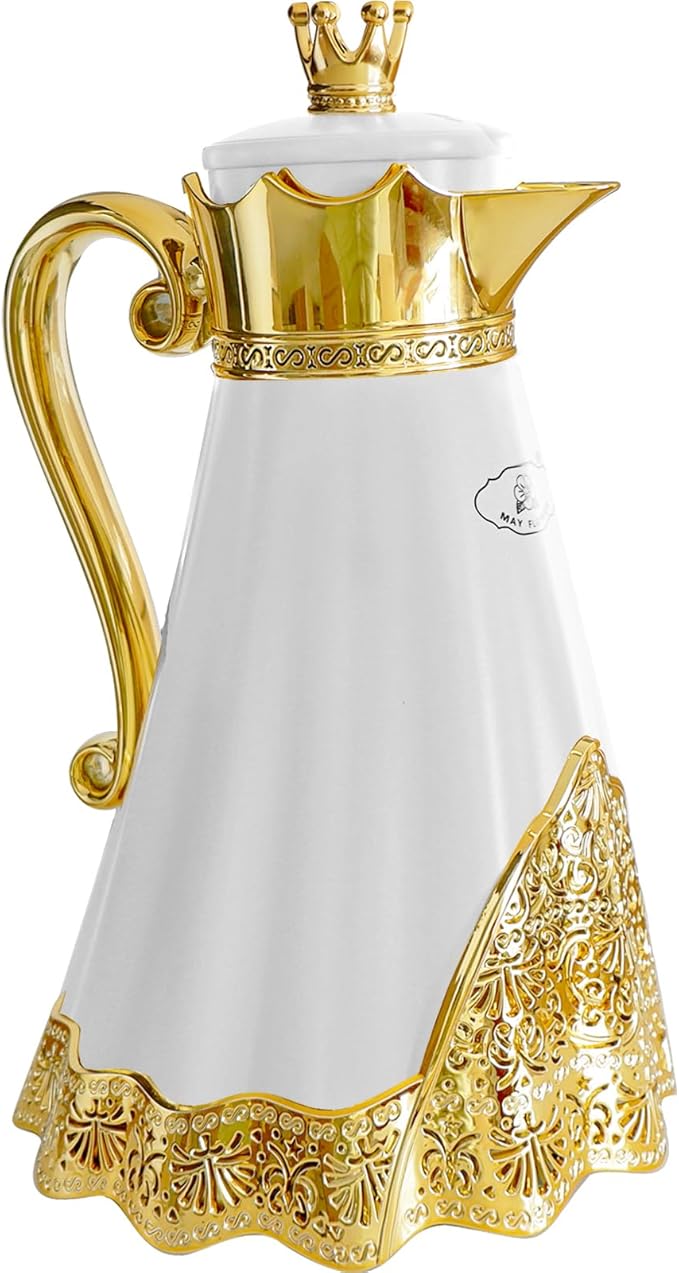 Luxury Arabic Style Insulated Thermal Coffee Carafe,34 oz,Coffee Pot,Arabian Style Vacuum Thermal Carafe Insulated Flask for Tea and Hot Cold Drink,Moving and housewarming blessings (White)