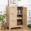 ALBAD Boho Sideboard Buffet Cabinet with 3 Storage Drawer Rattan Door and Adjustable Storage Shelves Rustic Farmhouse Coffee Bar for Dining Room, Kitchen, Natural Wood