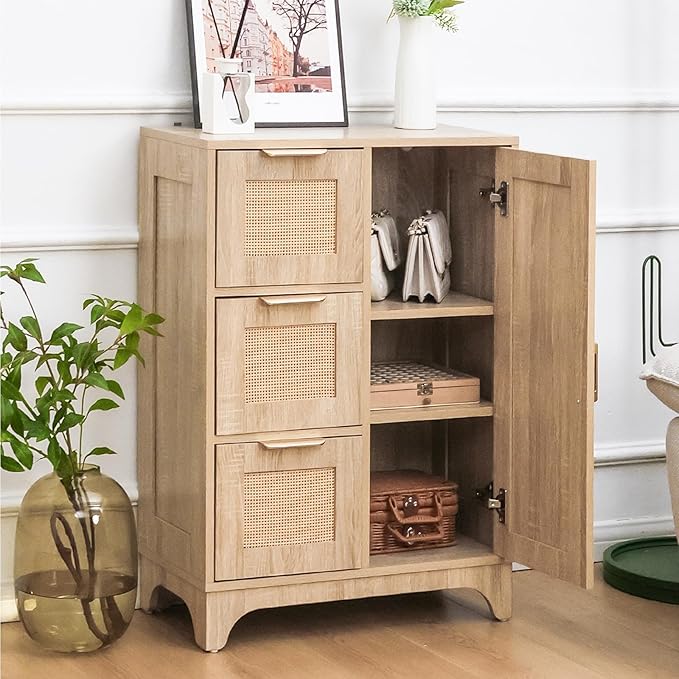 ALBAD Boho Sideboard Buffet Cabinet with 3 Storage Drawer Rattan Door and Adjustable Storage Shelves Rustic Farmhouse Coffee Bar for Dining Room, Kitchen, Natural Wood