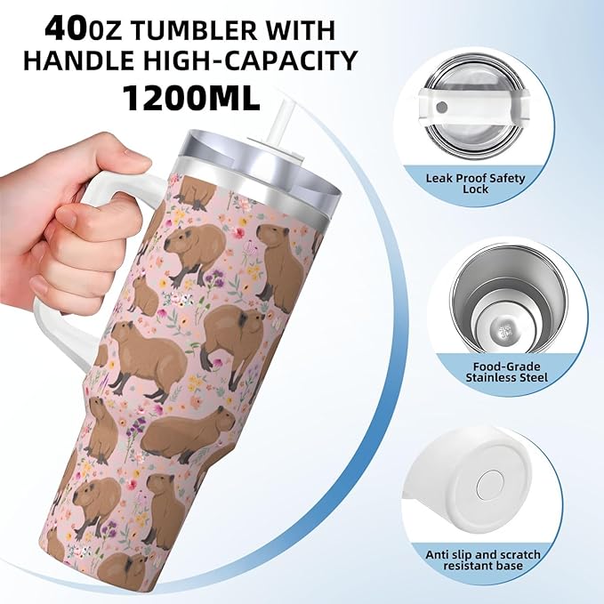 Capybara Gifts Capybara Tumbler Water Bottle Cups for Girls, Teens, Women, Men 40oz Stainless Steel Vacuum Insulated Tumbler with Lid and Straw for Water, Iced Tea or Coffee, Pink