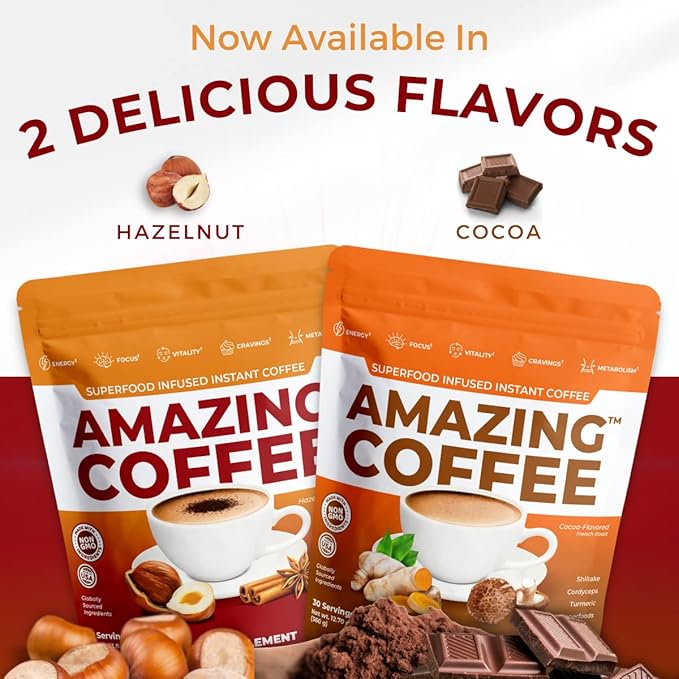 Superfoods Company | Amazing Coffee - Instant French Roast | Adaptogenic Mushrooms, Superfoods - Energy, Focus, Digestion, Immunity - 30 Servings - Hazelnut Flavor