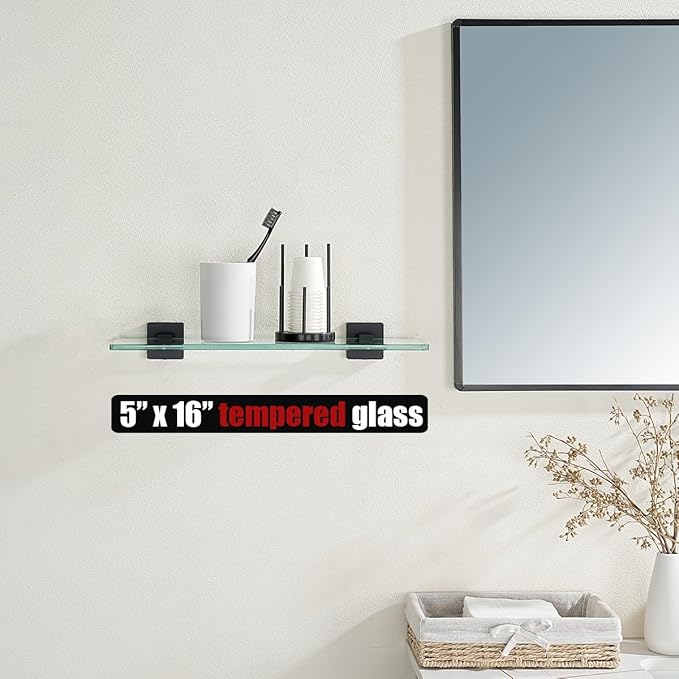 JQK Bathroom Glass Shelf Black, Tempered Glass Shower Storage 16 by 5 inches, 304 Stainless Steel Matte Black Wall Mount 2 Pack, TGS201L16-PB-P2