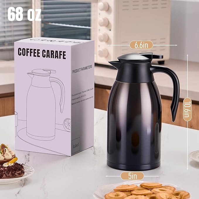 PARACITY 68oz Thermal Coffee Carafe Stainless Steel, Coffee Carafes for Keeping Hot, Double Walled Vacuum Insulated Coffee Urn for Coffee & Tea, Home & Office (Black)