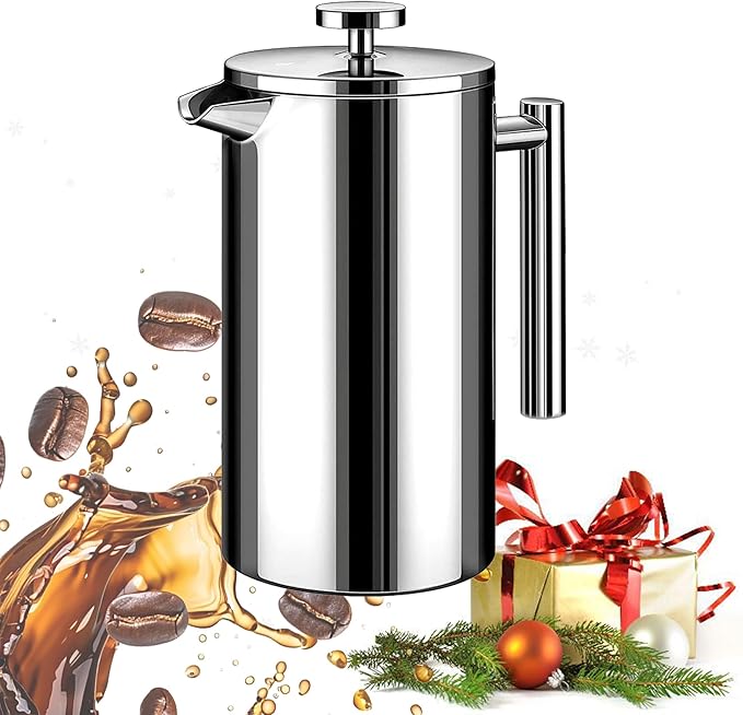 Large French Press Coffee Maker 50oz (1.5L), 304 Stainless Steel Double Wall Insulated Tea Press for Camping, Backpacking, Party, Travel, Gift Set, Dishwasher Safe (Silver, 6-8 Cups)