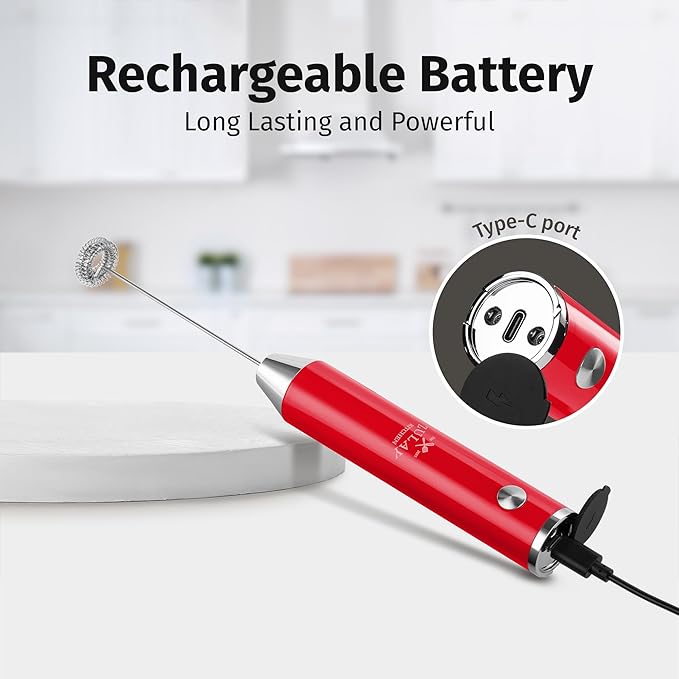 Zulay Kitchen Lux Electric Milk Frother Rechargeable Handheld - Powerful 2-Speed Motor, Waterproof, 2000mAh Battery - Drink Mixer for Latte, Cappuccino, Matcha & Protein Powder - Scarlet