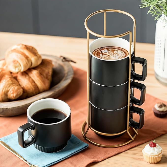 Stackable Coffee Mugs with Stand, 11oz Ceramic Latte Cup Set of 4 for Espresso Cappuccino Tea Hot Cocoa, Dishwasher & Microwave Safe, Black