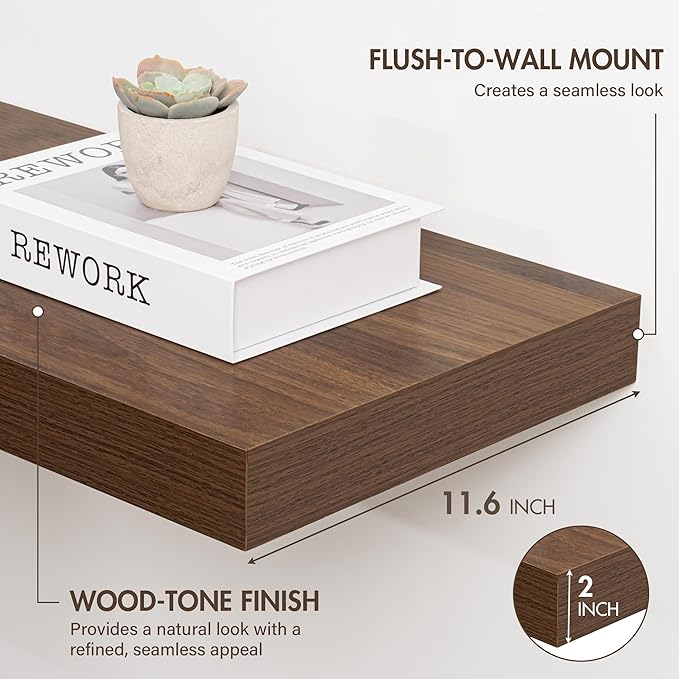 24 Inch Floating Shelves, 12" Deep Floating Shelf Wall Mounted, 24" Wall Shelves, Rustic Deep Bookshelf, Extra Deeper & Thicker Display Shelves for Bedroom, Living Room, Walnut, Set of 2