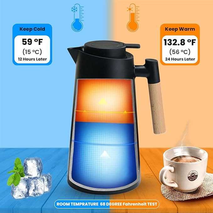 Coffee Carafe with Handle and Cleaner Brush - Coffee Carafe (urn)- Coffee Dispenser - 24 Hours Hot Double Walled Flask for Hot Water, Tea, Coffee - 33.81 Oz (1L) (Black)