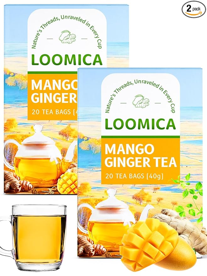 LOOMICA Mango Ginger Tea Bags, Caffeine-Free, Spiced Herbal Tea with Ginger, Cardamom & Cinnamon, Naturally Sweet & Tropical Vibe, Perfect for Relaxation, 20 Counts (Pack of 2)
