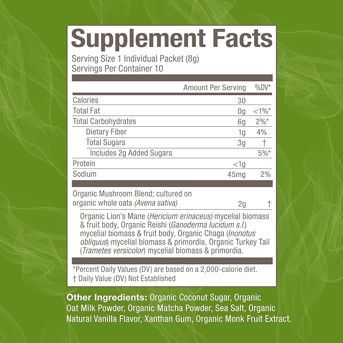 OM MUSHROOM SUPERFOOD Matcha Latte Blend – Green Tea Mushroom Powder with Lion’s Mane, Reishi, Chaga & Turkey Tail – Focus, Calm & Stress Support – Single Serve Packets (10 Count)
