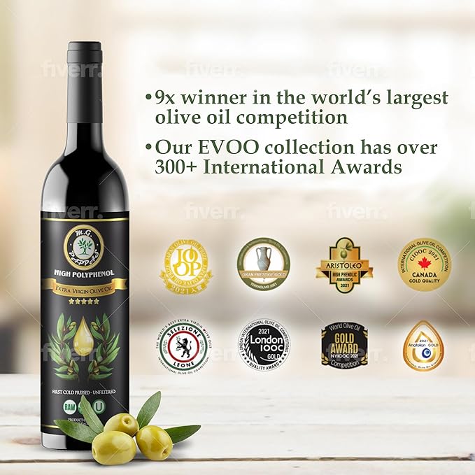 M.G. Pappas Extra Virgin Olive Oil, High Polyphenol EVOO - Cold Pressed & Unfiltered Greek Olive Oil - Over 500mg/kg Polyphenols with High Hydroxytyrosol - Award-Winning Organic Quality - 12.7oz (375ml) Bottle