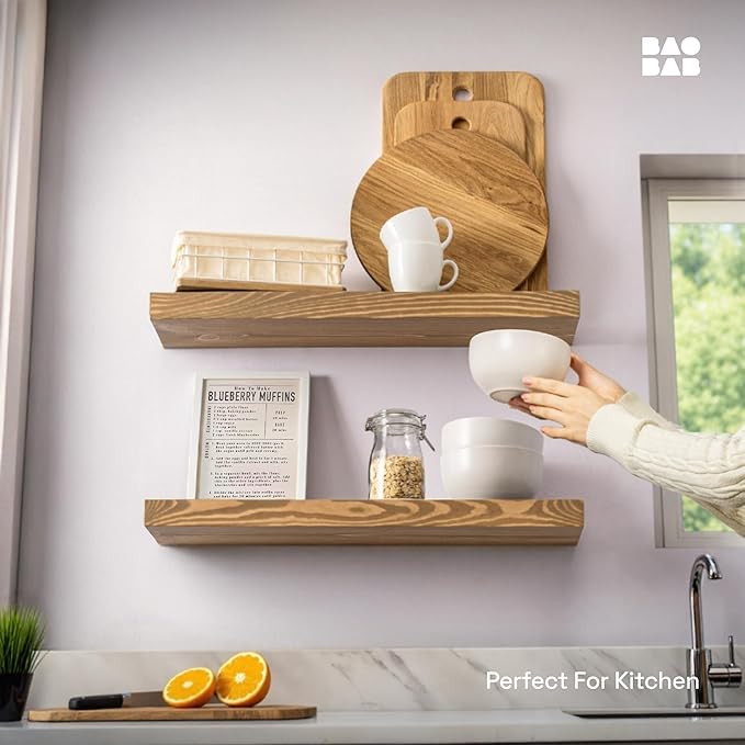 BAOBAB WORKSHOP Natural Wood Floating Shelves for Wall 24 inch - Floating Wall Shelves for Kitchen Bedroom - Wooden Bathroom Shelves - Oak Floating Shelf - 24 x 6.7 Inch, Set of 2