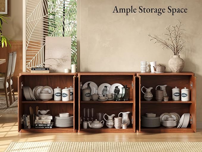 Evermagin 94.5" Walnut Buffet Cabinet with Storage, Large Sideboard Cabinet, Mid Century Modern Accent Credenza, Fluted Console Table with Doors for Dining Room, Kitchen, and Living Room