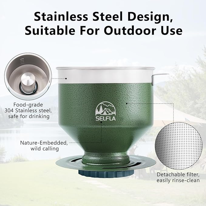 Portable Coffee Filter, Stainless Steel Reusable Dripper for Insulated Mugs, Paperless Coffee Maker for Hiking Camping & Outdoor Adventures, Lightweight Easy Clean & Gift Ready