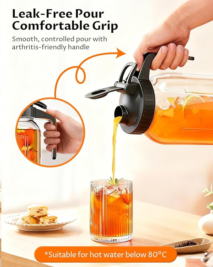 64 oz Mason Jar Pitcher, 2 Quart Glass Water Pitcher with Lid, Airtight Seal for Great for Iced Tea, Juice, Milk, Coffee, Sun Tea, Lemonade, Set of 1(Black)