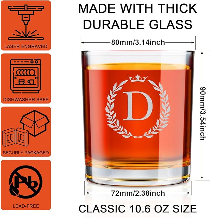 Personalized Whiskey Glasses Gifts for Men, Monogrammed Engraved A-Z 10.6 oz Rocks Glass Customized Gift, Unique Christmas Birthday Gifts for Men Him Dad Husband Brother Son (D)