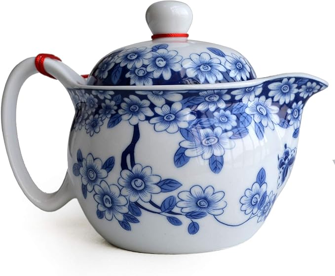 Small Teapot 12oz Blue White Porcelain Tea Pot with Stainless Filter Infuser for Loose Tea (pot flowers Beautify)