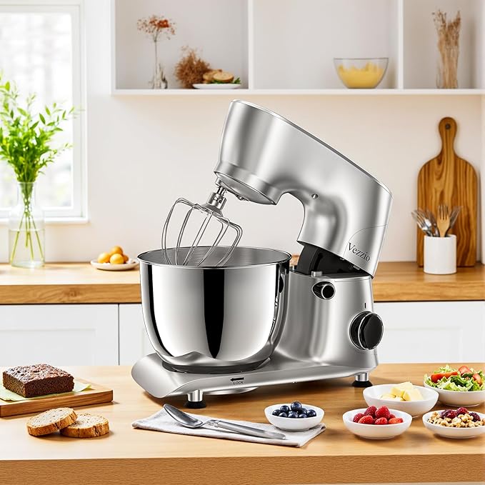 Vezzio Stand Mixer,6 Quarts,10-Speed Tilt-Head,Kitchen Food Mixer with Stainless Steel Bowl,Dough Hook,Whisk, Beater,Egg White Separator (Silver)