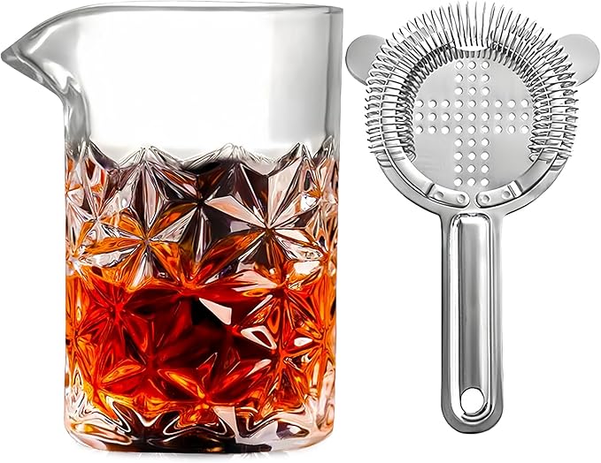 Cocktail Mixing Glass Set with Hawthorne Strainer, 2-Piece Crystal Kit, Bar Trainer, Old Fashioned Mixing Glass