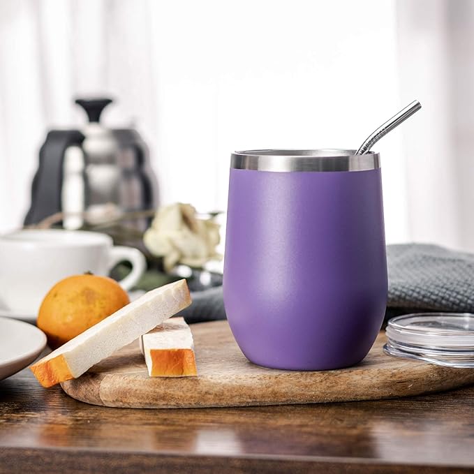 COMOOO Stainless Steel Wine Tumbler Bulk with Lid and Straw 12oz Double Wall Vacuum Insulated Travel Tumbler Cup Stemless for Hot and Cold Drinks, Coffee, Wine, Cocktails (Light Purple, 6 Pack)