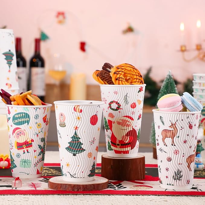 100 Pack Christmas Coffee Cups with Lids 16oz, Disposable Insulated Ripple Wall To Go Paper Coffee Cups for Hot/Cold Drinks Office Home Shop Event (Colorful)