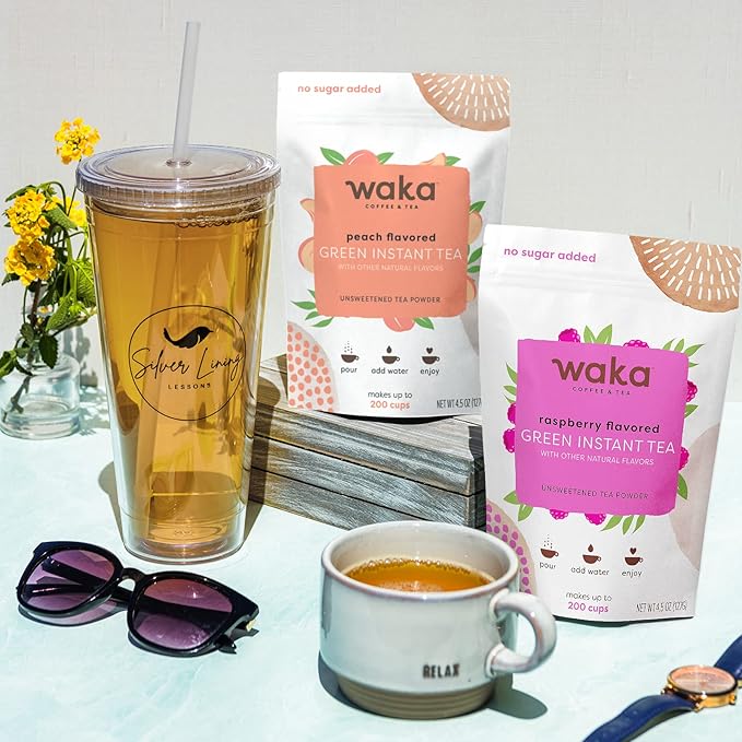 Waka Instant Tea Mix, 2 Bag Bundle - 100% Leaves, No Additives, Unsweetened Powders - Raspberry & Peach Flavored Green (4.5oz Each)