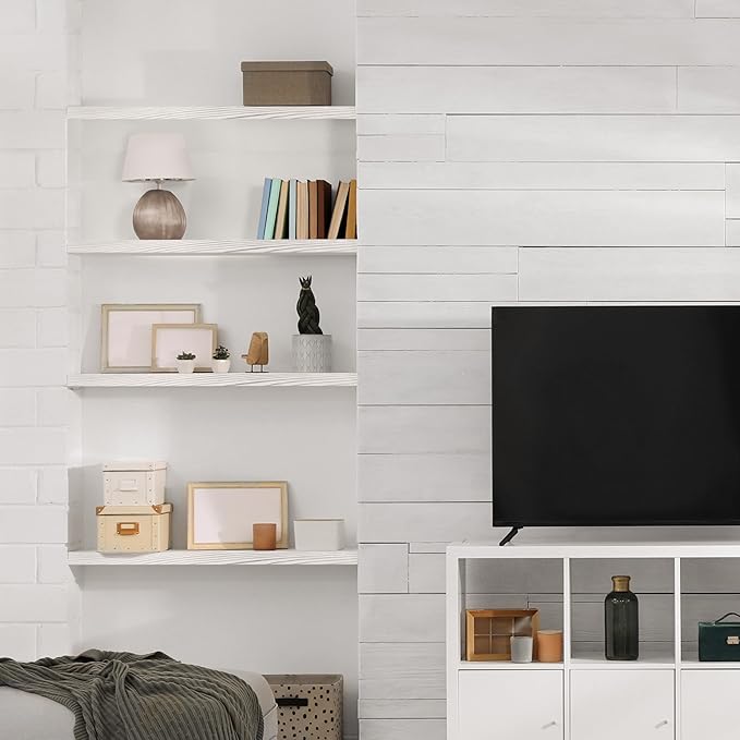 Sorbus 35" White Wood Floating Shelves - Set of 2, Solid Pine, Wall Mounted, Rustic Style, Bathroom & Living Room Decor