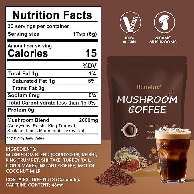 Mushroom Coffee, Instant Mushroom Coffee Powder with 6 Adaptogenic Mushrooms (Cordyceps, Lion’s Mane, Shiitake, Turkey Tail) and MCT Oil for Better Energy, Focus, Immune Support - 30 Servings