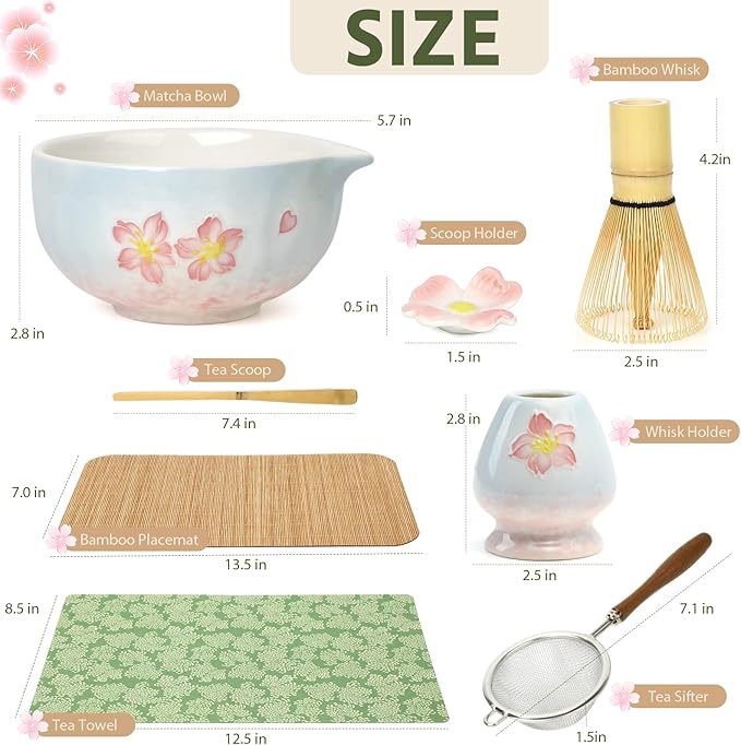 Matcha set with tray 8pcs, Japanese Matcha Kit includes Ceramic Matcha Bowl, Bamboo Matcha Whisk (Chasen), Whisk Holder, Macha Scoop(Chashaku), Bamboo Placemat, Sifter, Tea Cloth Chakin，Blue & Pink