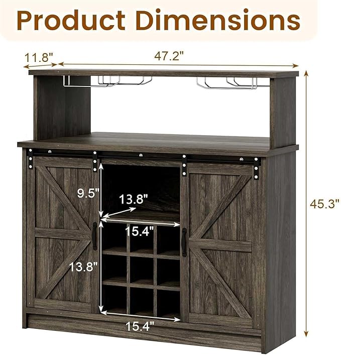 4ever2buy Farmhouse Coffee Bar with LED Lights, 47 inch Coffee Bar Cabinet with Storage, Wine Bar Cabinet with Glass & Wine Racks for Living, Dining Room, Grey