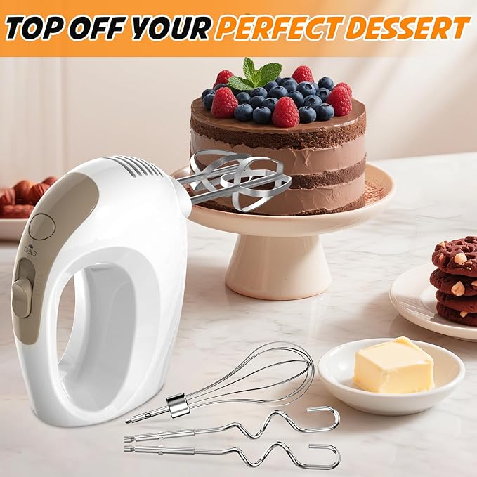 Handmixer - 5 Speed Portable Kitchen Mixer Electric Handheld with 5 Stainless Steel Accessories Whisk, Food Beater, ‌Ivory