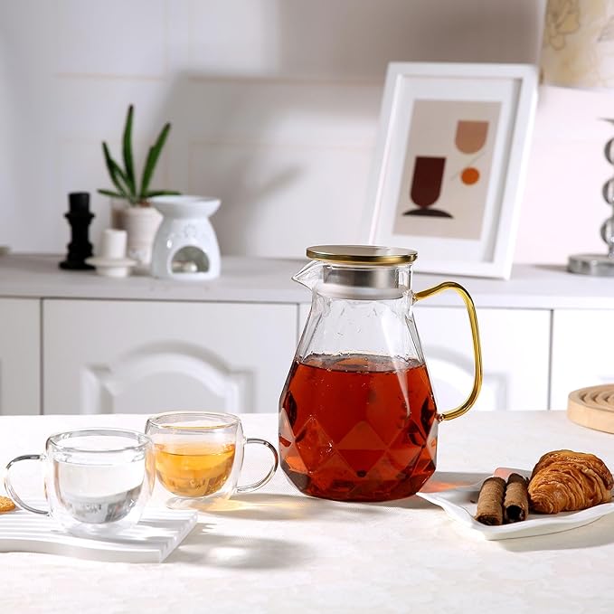 Heat Resistant Glass Pitcher With Lid And Spout, Glass Iced Tea Pitchers Beverage Pitchers For Fridge, Water Pitcher And Carafe 51oz/1500ml