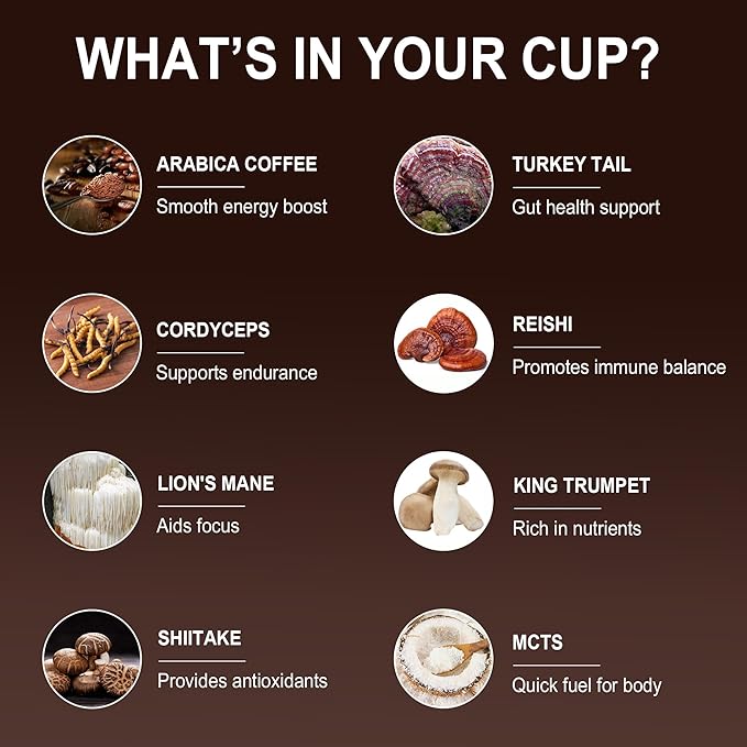 Instant Mushroom Coffee Mix with Lion's Mane, Cordyceps & Turkey Tail | 6-Superfood Blend | Keto & Paleo Friendly | 6.35oz Pouch (30 Servings)