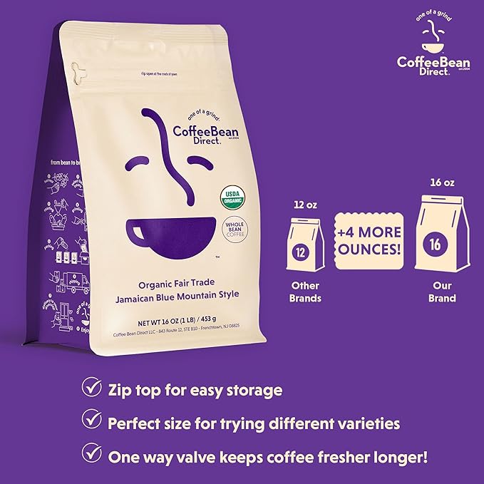 Coffee Bean Direct Organic Fair Trade Jamaican Blue Mountain Style, Whole Bean Coffee, Light Roast, 1 Pound Bag (Pack of 1)