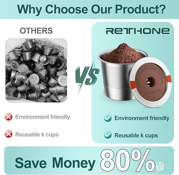 RETHONE K Cup Reusable Coffee Pods, Stainless Steel Reusable K Cups Compatible with Keurig 1.0 & 2.0 Coffee Machines Brewers Refillable K Cups (1 Pack)