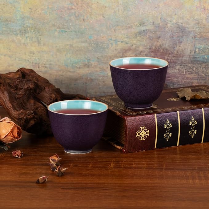 KAMMAK Tea Cup, 4.8oz Small Tea Cups Set of 2, Purple Porcelain Tea Cups Set for Home, Party, Office, Ceramic Teacups, Chinese Kungfu Tea Set for Hot/Cold Drink (Deep Purple)