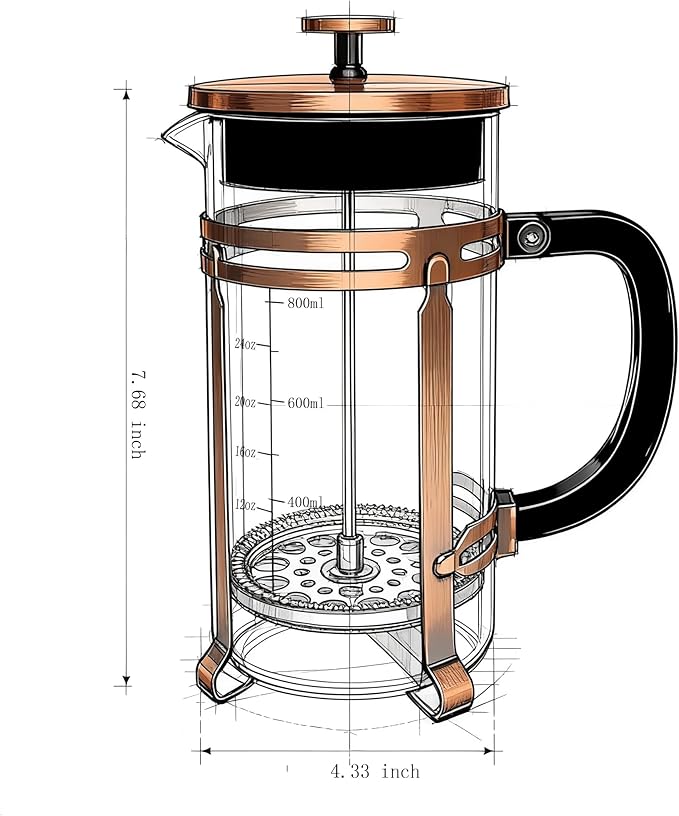 Coffee Maker 304 Stainless Steel French Press Heat Resistant Durable, Borosilicate Glass Coffee Press, Teapot, 34 ounce, copper